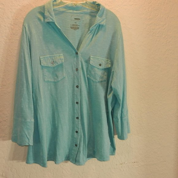 Sanoma teal multi media button front SHIRT - Picture 1 of 7